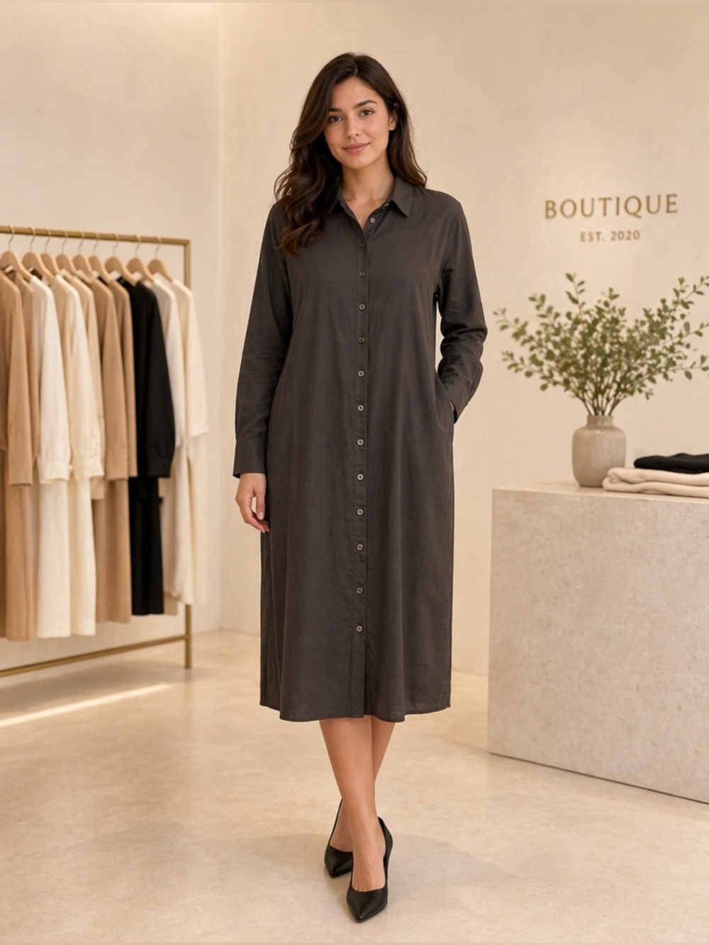 Calvin Klein Long Sleeve Cotton Button-Down Shirt Dress - Espresso Brown - Picture 1 of 12